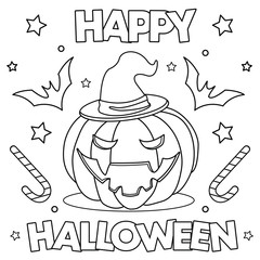 Coloring page. Black and white vector illustration with scary pumpkin in witch hat. Lettering 
