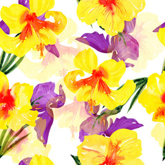 Floral tropical seamless pattern on a white background, watercolor delicate print of yellow Hawaiian hibiscus and flowers with purple petals. large buds of contrasting colors.
