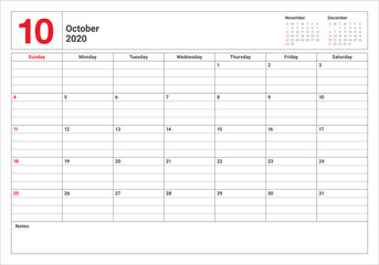 October 2020 desk calendar vector illustration