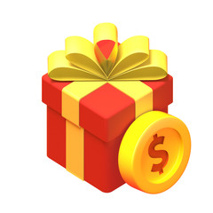 Giant golden dollar coin next to a Red gift box with yellow ribbon, on isolated white background - 3d illustration