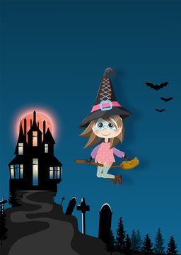 Happy Halloween background with cute witch flying on a broomstick . Vector illustration.