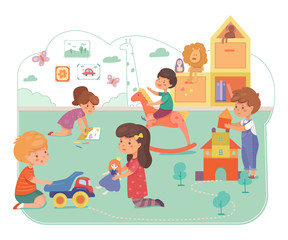 Kids in daycare center flat vector illustration