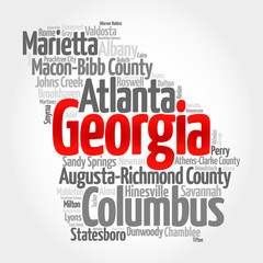 List of cities in Georgia USA state, map silhouette word cloud map concept