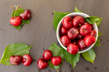 Red cherries in a bowl