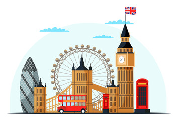 London cityscape flat vector color illustration - obrazy, fototapety, plakaty