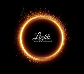 Sparkler festive frame. Golden garland border. Holiday glowing backdrop. Celebration background vector illustration.