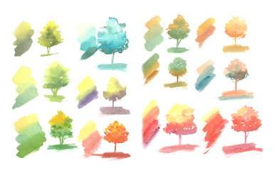 Tree in many color of pantone and many shape in variety season. Spring, autumn, winter, summer theme of plant by hand watercolor painting
