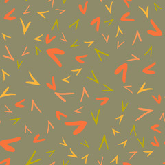 Seamless pattern with sharp corner abstract form in autumn colors.Hand drawn triangle objects in chaotic composition.Orange, yellow,green.Vector illustration for textille print, fabric, wrapping paper