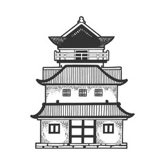 Fototapeta na wymiar Japanese temple Pagoda house sketch engraving vector illustration. Tee shirt apparel print design. Scratch board style imitation. Black and white hand drawn image.