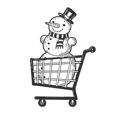 Snowman in shopping cart sketch engraving vector illustration. Black friday design. Scratch board style imitation. Black and white hand drawn image.