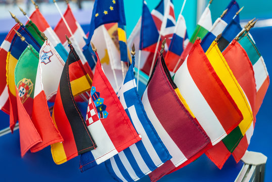 Small flags of the member states of the European Union