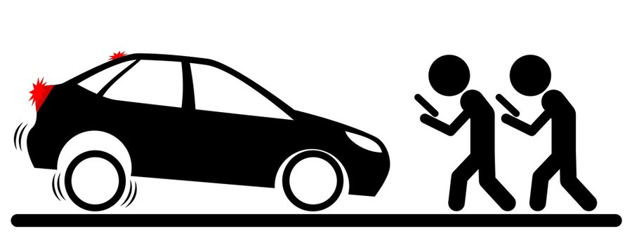 Illustration of a braking car in front of two men walking and staring at screen as smartphone zombies