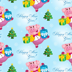 Seamless vector pattern for the New Year and Christmas. Merry piggy, Christmas tree, gift. Cartoon festive background.