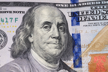 Dollars background, hundred USA dollar banknote bills, many American cash money, finance concept, selective focus.