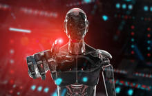 Black and red intelligent robot cyborg pointing finger on dark 3D rendering