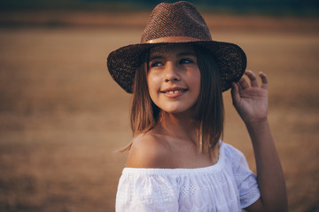 Teen girl hay. Dream. Meadow. Little girl. Nature. Portrait. 