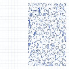 Obraz premium creative kids dancing, sing, playing football, playing guitar, violin, making models from paper. Monochrome pen drawing on squared notebook .