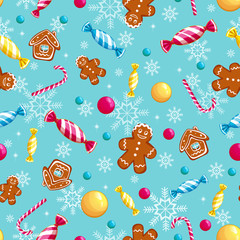 Vector seamless pattern for the holiday. Sweets, candies, gingerbread man, striped candy, house, Christmas balls, snowflakes.