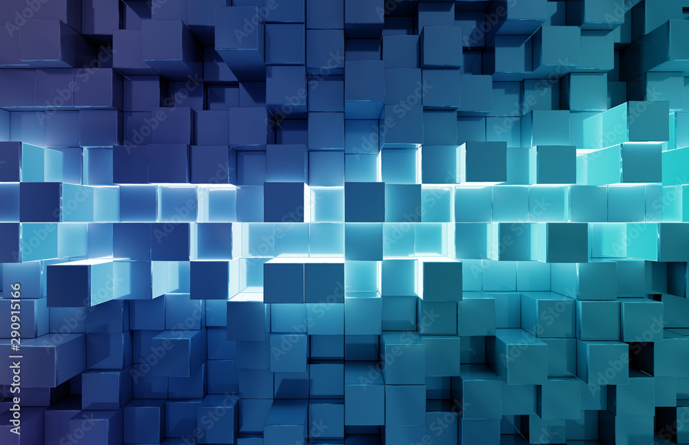 Aufkleber Glowing black and blue squares background pattern 3D rendering