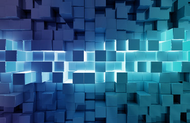 Glowing black and blue squares background pattern 3D rendering