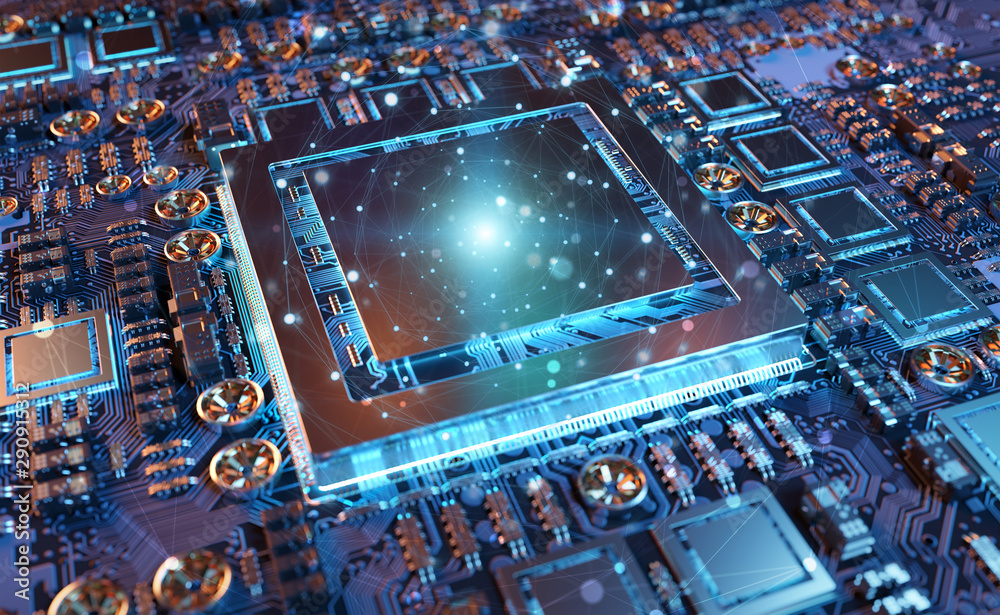 Fototapete close-up view of a modern gpu card with connections 3d rendering