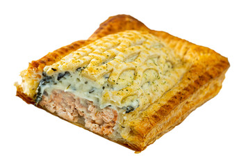 Pie from puff pastry with salmon