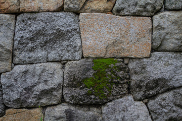 한국의 성벽의 한 쪽과 돌에 낀 이끼