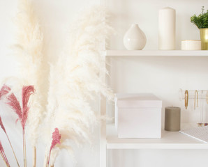 Scandinavian interior details. Pampas grass, candles and vases.