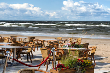Summer cafe on the beach of Jurmala in autumn