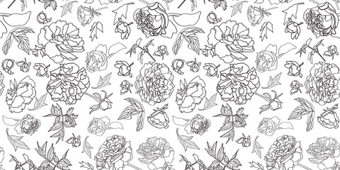 festive royal peony blossom botanical pattern, black and white contrast, modern design. All over print. Perfect for wallpaper, stationary, event, wedding, fashion. Elegant florals.