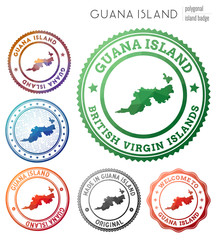 Guana Island badge. Colorful polygonal island symbol. Multicolored geometric Guana Island logos set. Vector illustration.