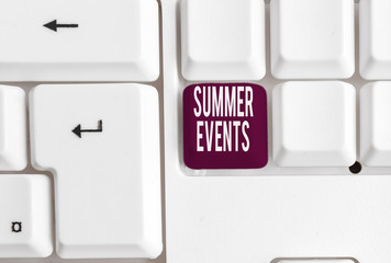 Writing note showing Summer Events. Business concept for Celebration Events that takes place during summertime White pc keyboard with note paper above the white background