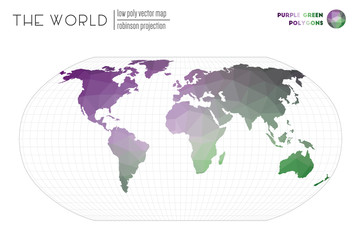 Triangular mesh of the world. Robinson projection of the world. Purple Green colored polygons. Creative vector illustration.