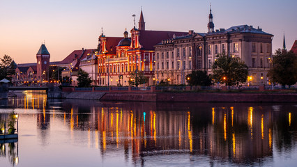 Wroclaw Old Town at sunrise. Building of the Ossolineum Library. Historical capital of Lower Silesia, Poland, Europe. - obrazy, fototapety, plakaty