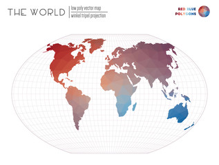 Low poly world map. Winkel tripel projection of the world. Red Blue colored polygons. Creative vector illustration.