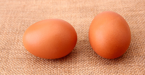 chicken Eggs isolated on the sackcloth backdrop.