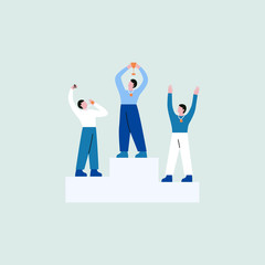 Happy men on winners podium with medals and cups. Male characters stand on win pedestal. Concept of victory achievement, winning. Flat vector illustration