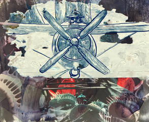 aviator flying upon the carnivorous plants, vintage engraving, retro processing © kuco