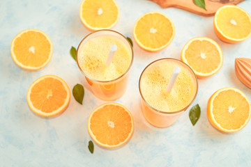 orange juice in glass, top view. Flat lay