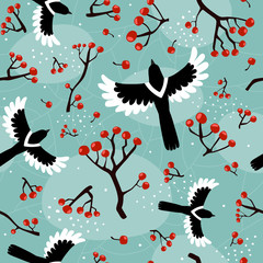 Autumn colorful seamless pattern with cartoon magpies, rowan berries, decorative elements on a neutral background. vector. season. Design for fabric, print, textile, wrapping paper.