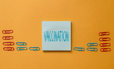 Word writing text Vaccination. Business photo showcasing Treatment which makes the body stronger against infection Colored blank sticky note clips gathered trendy cool pastel background