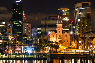 Downtown at night at the waterfront in Sydney harbor. Sydney, Australia, 2019.