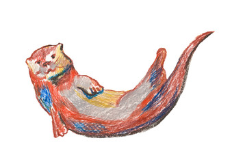 The otter drawn with wax crayons. Textural illustration.