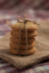Round sweet cookies. Delicious dessert with high sugar and carbohydrate suitable for eating with milk and tea or coffee on color and white background with colorful placemat
