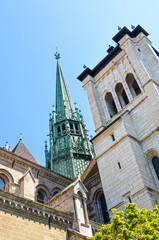 Exterior facade of Saint Pierre Cathedral in Geneva, Switzerland. Built as Roman Catholic cathedral, but became Reformed Protestant Church church during the Reformation. Cathedral spire