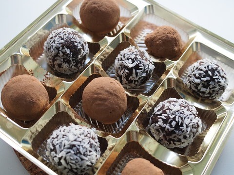 Homemade healthy sweets. raw carob and coconut candies