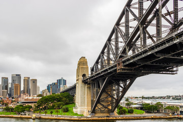 View of Sydney Harbour Bridge on a cloudy day. Sydney, Australia, 2019.
