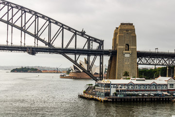 View of Sydney Harbour Bridge on a cloudy day. Sydney, Australia, 2019.