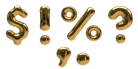 Gold Foil Helium Balloon Symbols (Question Mark, Exclamation Mark, Percentage, Dollar,  Comma, Dot) isolated on a white background