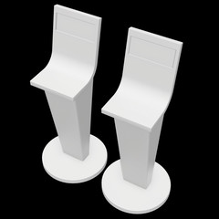 LCD Screen Stand. Trade Show Booth. 3d render of tv info kiosk on black background. High Resolution. Ad template for your expo design.